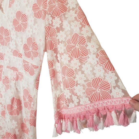Entro Pink FLoral Bell Sleeved Tassels Sheer Romper Jumpsuit sz Large - Picture 2 of 7